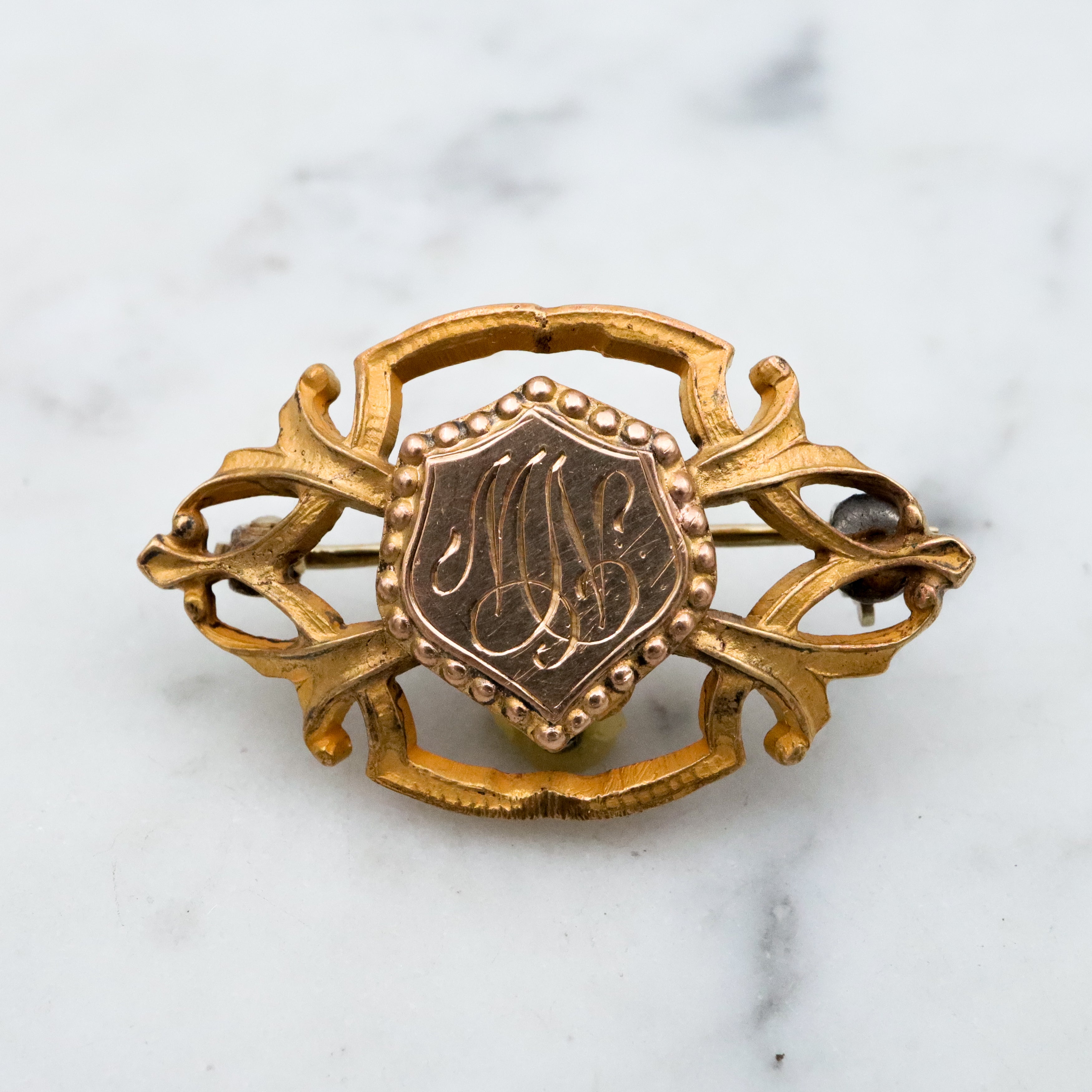 Antique Art Deco gilt metal & gold filled watch clip brooch with "MN" mono shield